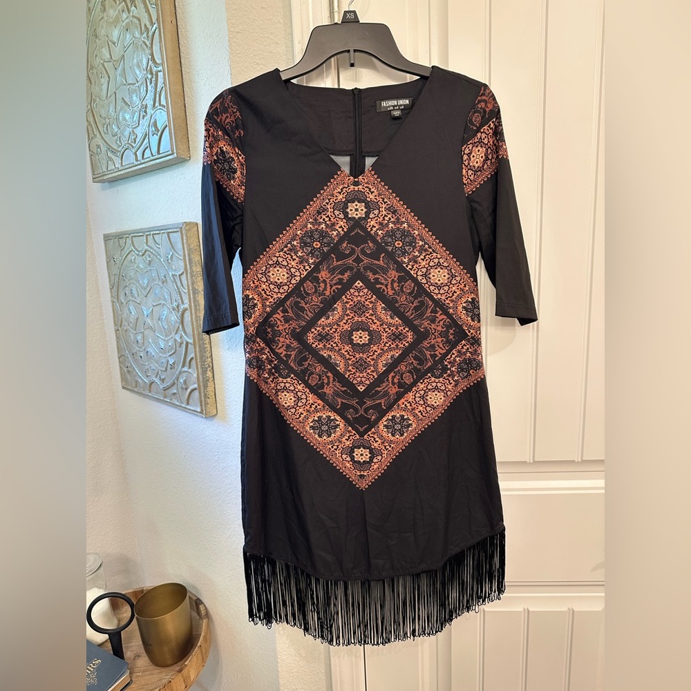 Fashion Union Black Dress with western Pattern and Fringe bottom